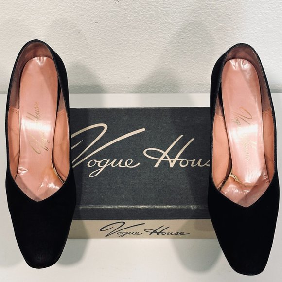 Vintage 50s VOGUE HOUSE Heels Pumps Shoe Black Textured Fabric with Box Sz 8.5 N - Picture 4 of 13
